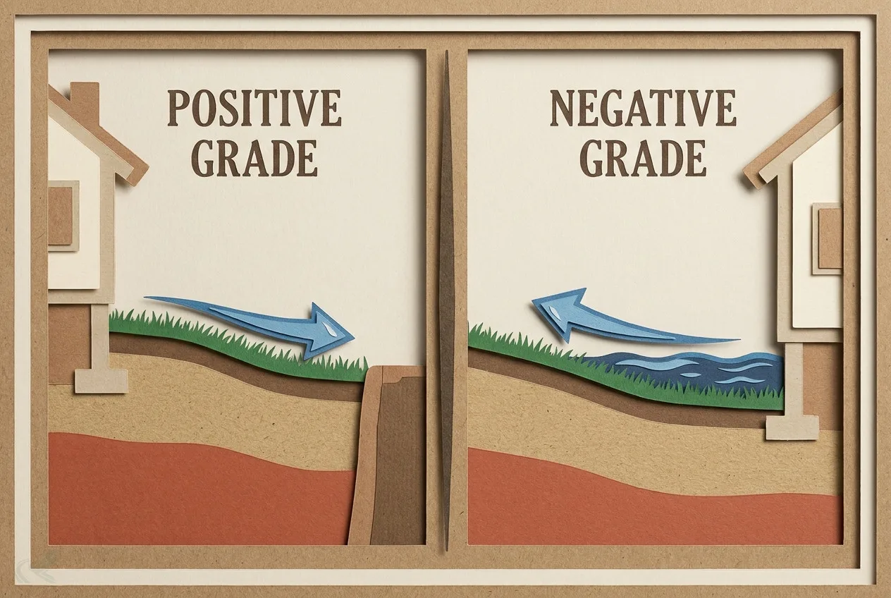 Layered papercraft cross-section comparing positive grade sloping water away from a house foundation versus negative grade pooling water against the foundation wall, with soil strata visible beneath the lawn