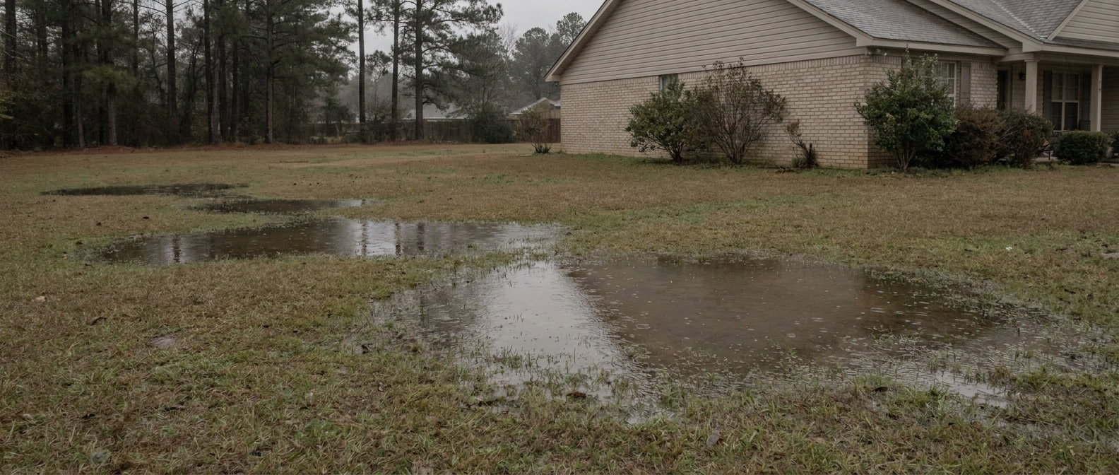 Standing water pooled in an NC yard on clay soil hours after a thunderstorm