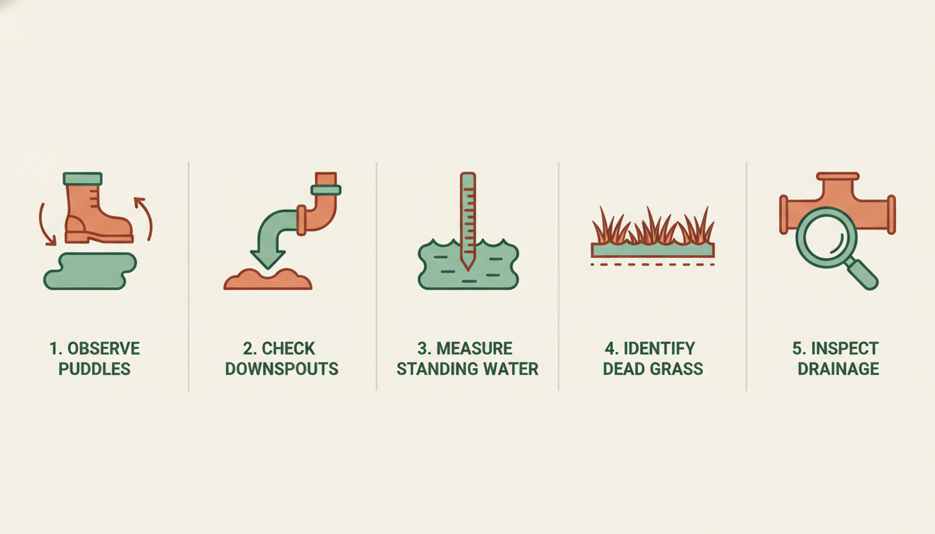 Five diagnostic steps for standing water: observe puddles, check downspouts, measure standing water depth, identify dead grass stripe, inspect drainage pipe