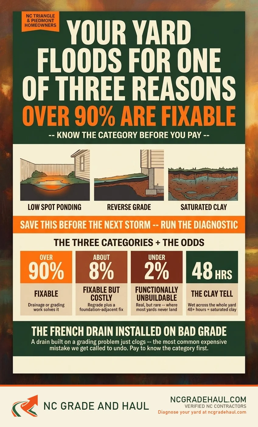 NC Grade and Haul infographic: Your yard floods for one of three reasons. Over 90% of standing-water yards are fixable with drainage or grading work; about 8% are fixable but costly; under 2% are functionally unbuildable. If the whole yard stays wet 48+ hours after rain, that points to saturated clay. A French drain installed on bad grade just clogs -- pay to know the category first.