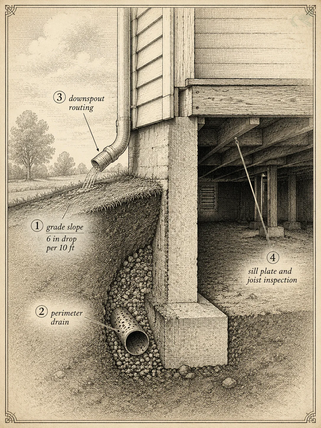 Vintage engraving cross-section of a residential foundation perimeter showing the four contractor evaluation checkpoints: 6-inch grade slope, buried perimeter drain, downspout routing away from wall, and crawl space sill-plate inspection.