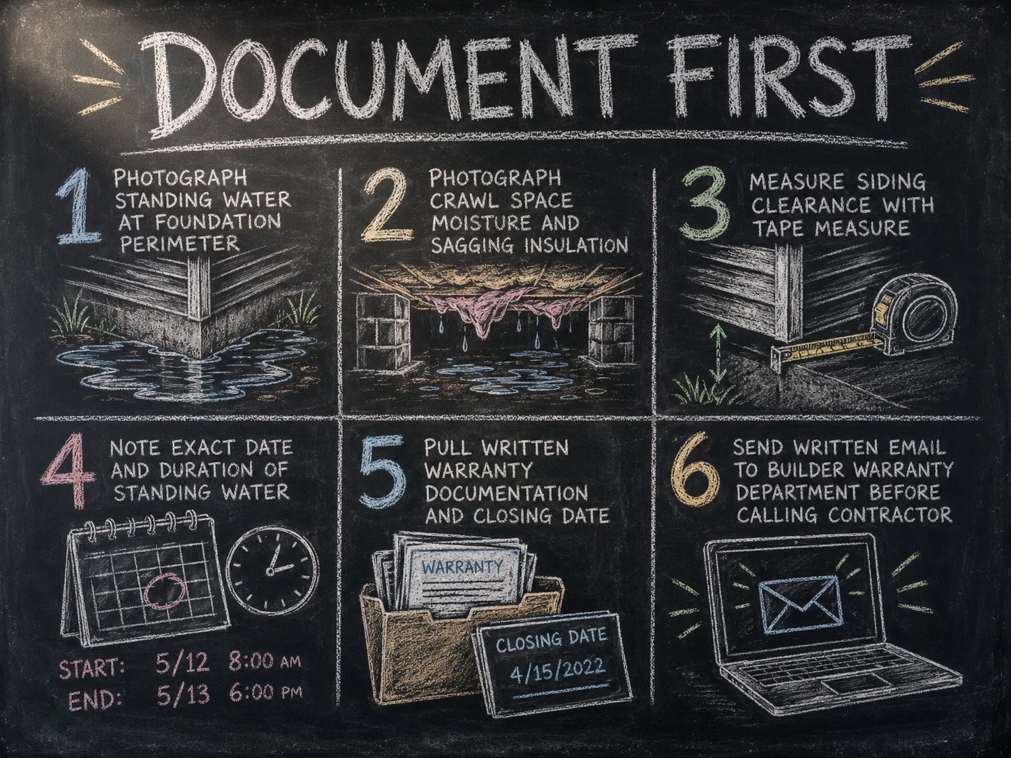 Chalkboard diagram showing the 6-step documentation protocol for high-severity standing water at a foundation: photograph perimeter, crawl space, siding clearance; note dates; pull warranty docs; email builder before calling a contractor.