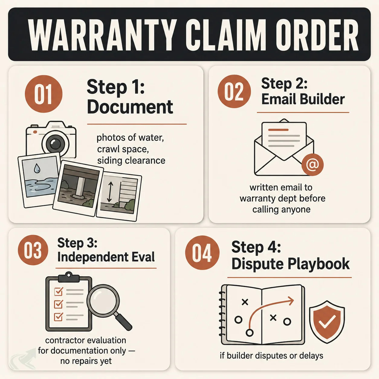Bento-grid infographic showing the four-step NC new-build warranty claim order: document with photos, send written email to builder before calling a contractor, get an independent evaluation for documentation, then use the dispute playbook if needed.