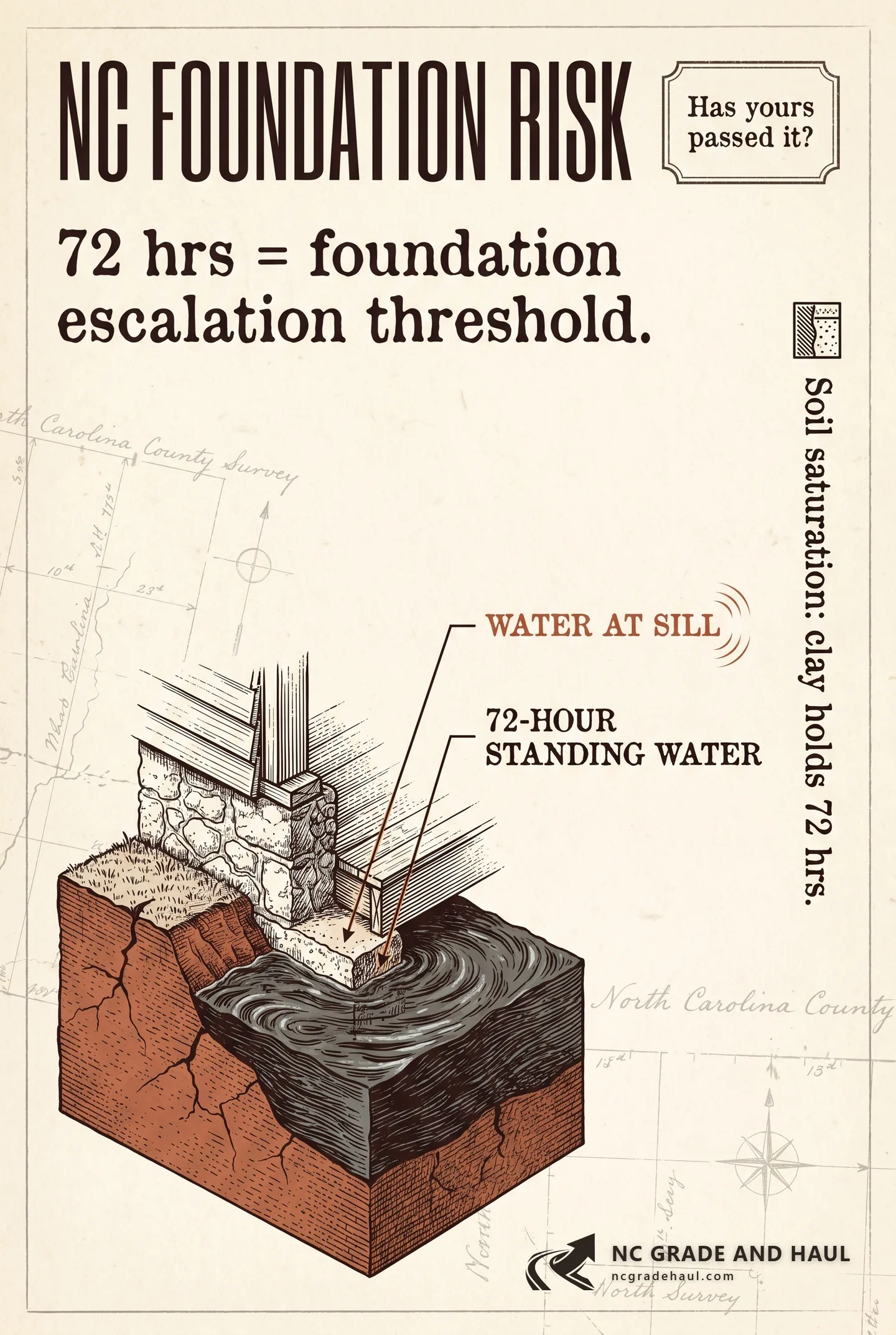 Standing water against your NC foundation at hour 72 crosses the escalation line — clay holds water against the wall for days. Document it now, before insulation sags, walls streak, or you smell what the basement won't say.
