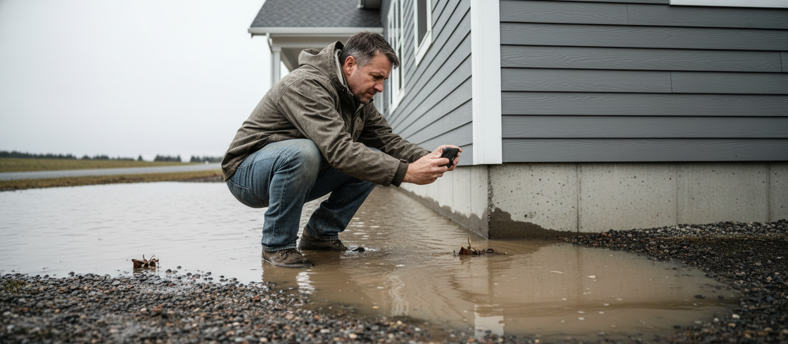 NC high-severity yard flooding water pooled against foundation siding