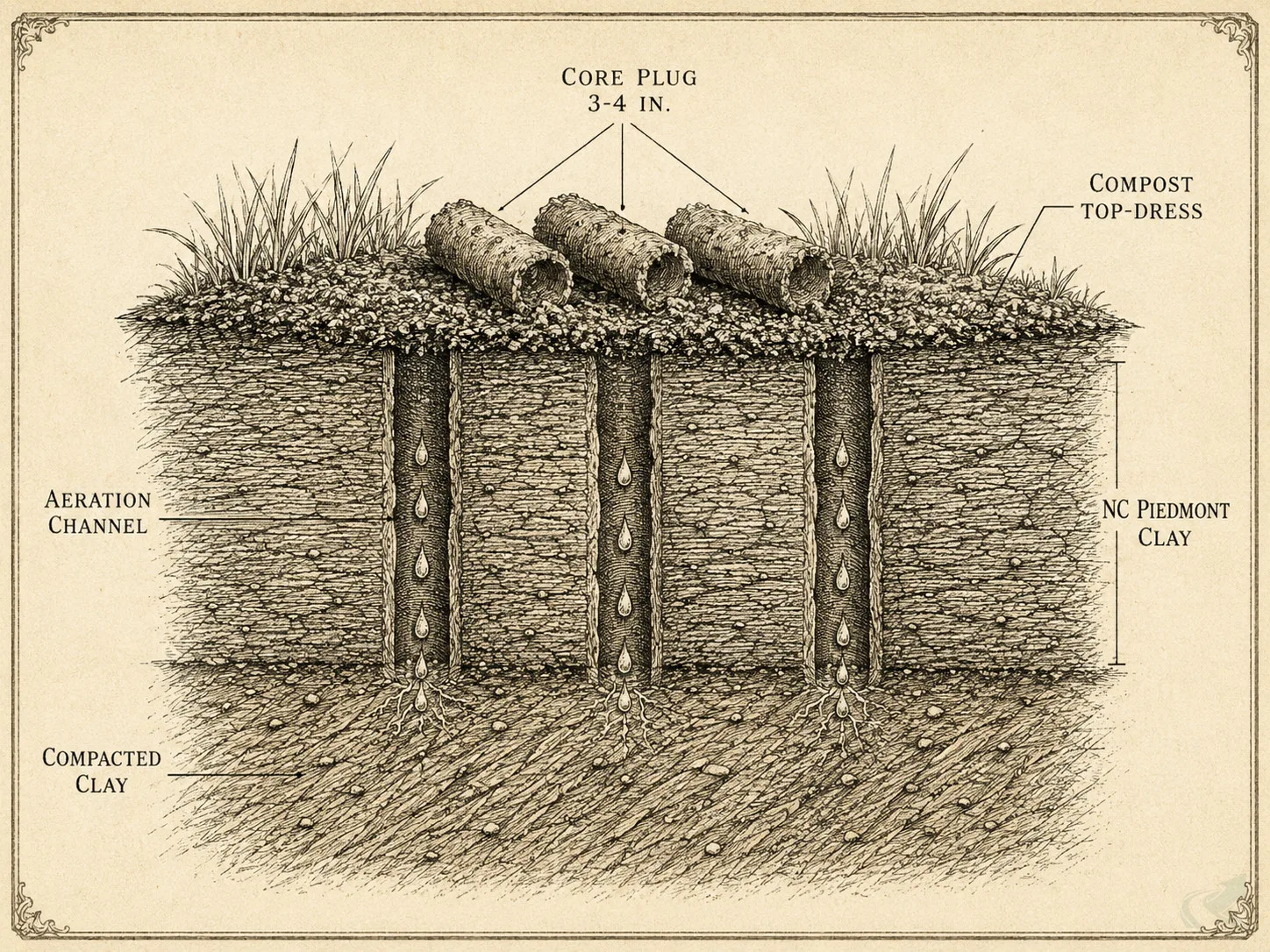 Field-guide cross-section engraving of core aeration in Piedmont clay soil: core plugs pulled from the surface, 3-4 inch channels allowing water to move through the compacted clay layer, with compost top-dressing applied after