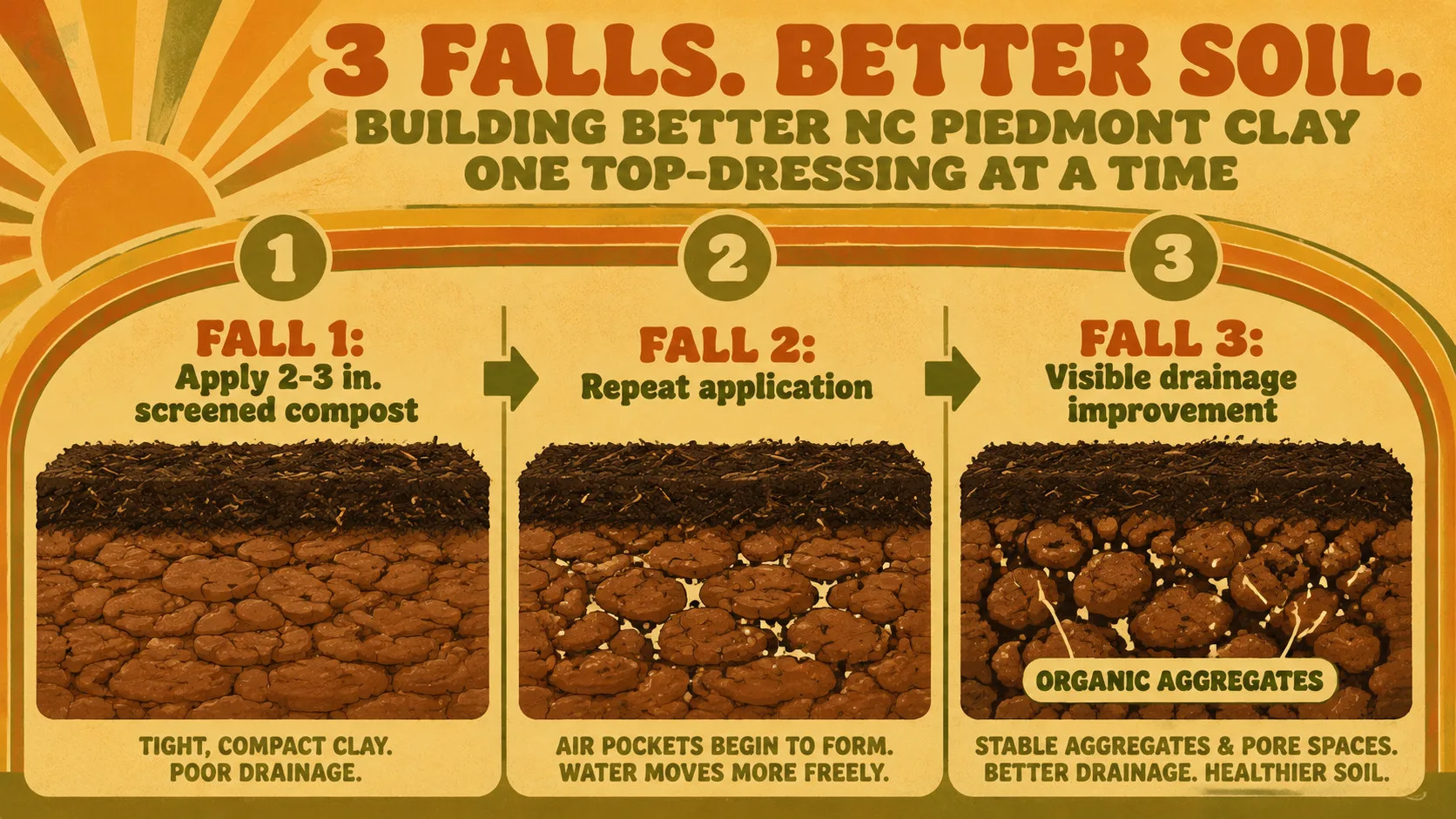 Retro 1970s-style horizontal timeline showing three fall seasons of compost top-dressing gradually improving NC Piedmont clay soil structure: tight clay particles in year one, small air gaps in year two, visible organic aggregates in year three