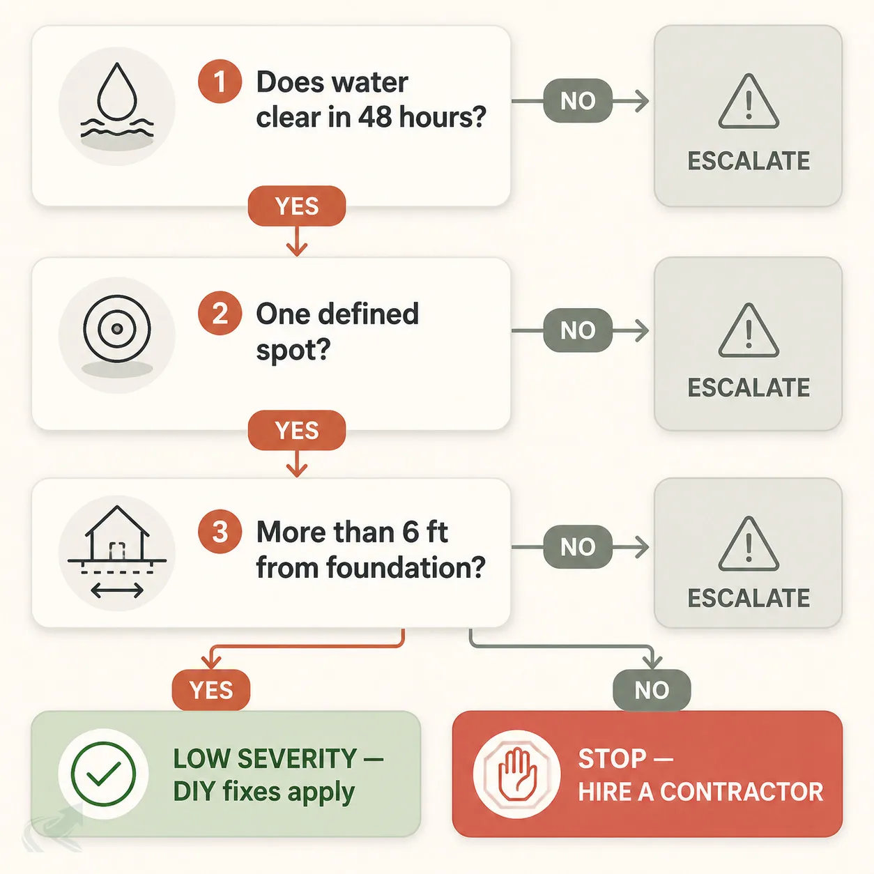 Bento-grid decision chart for diagnosing low-severity standing water: three yes/no questions — clears in 48 hrs, one spot, more than 6 ft from foundation — leading to DIY or escalate outcomes