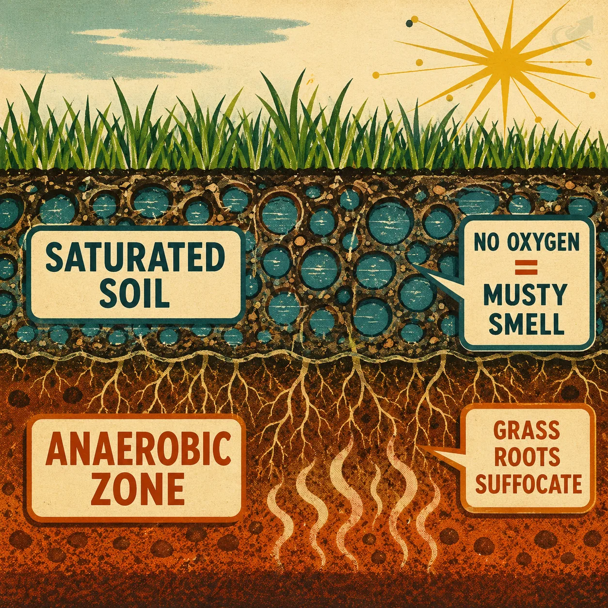 1950s-style cross-section diagram showing saturated soil layers with anaerobic decomposition producing the musty smell characteristic of medium-severity drainage failure
