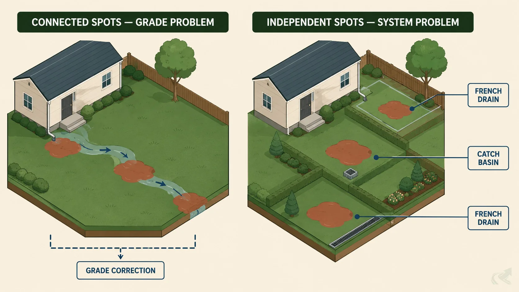 Isometric flat diagram comparing connected wet spots indicating a grade problem versus independent wet spots indicating a drainage system problem