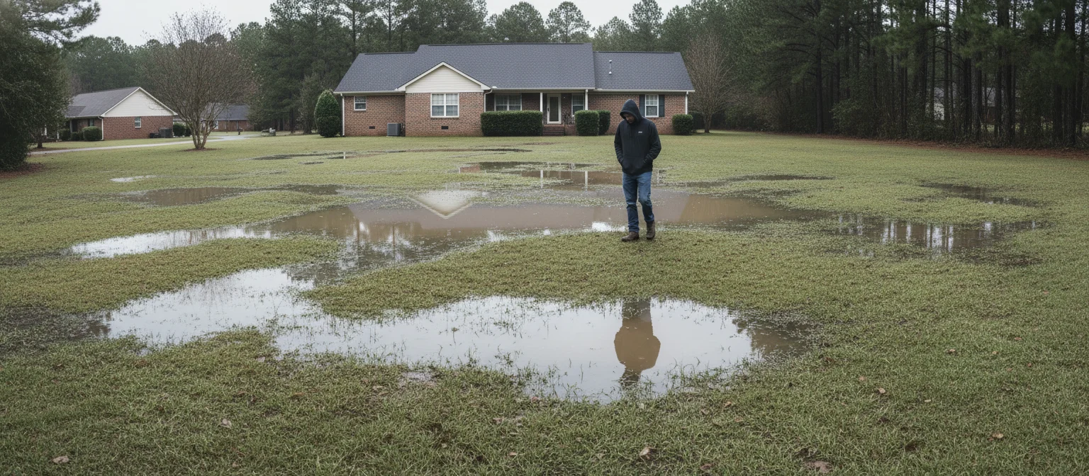 Medium Severity Standing Water — 48-72 hrs, Multiple Spots - NC Grade and Haul infographic.