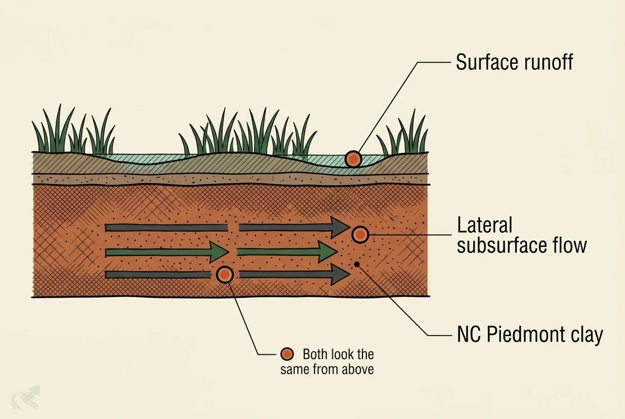 Cross-section schematic of an NC Piedmont clay yard showing surface runoff pooling on the grass above and lateral subsurface flow moving sideways through the clay layer below, with a note that both look the same from above.