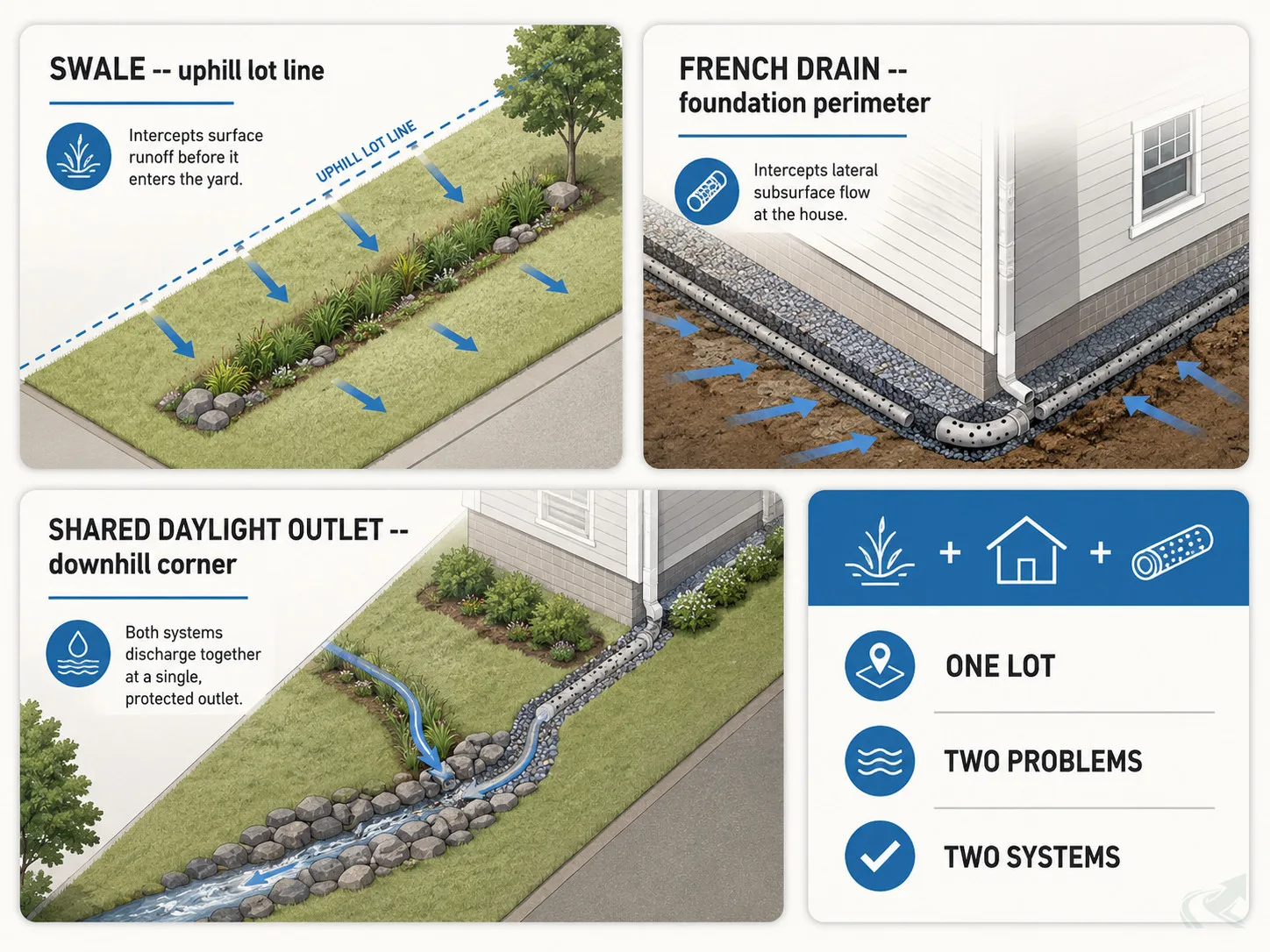 Bento-grid infographic showing a hybrid NC drainage layout: a swale along the uphill lot line handles surface runoff, a French drain along the foundation perimeter handles subsurface lateral flow, and both systems share a single daylight outlet at the downhill corner.