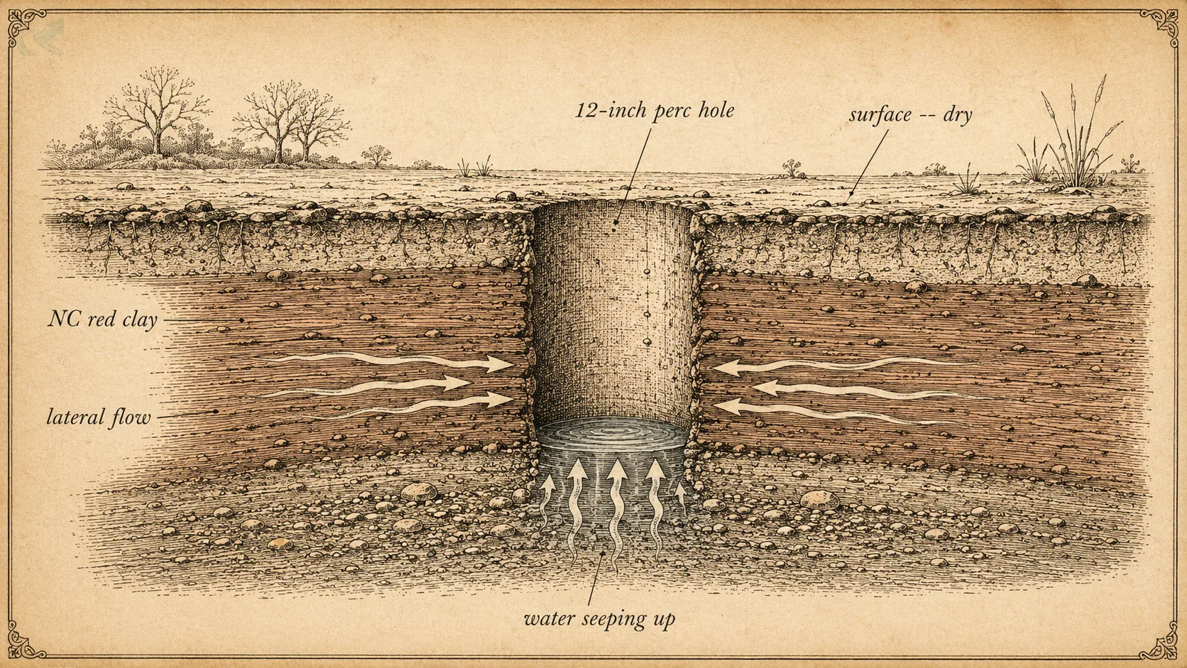 Vintage engraving cross-section of NC red clay soil showing a 12-inch diagnostic perc hole filling with lateral subsurface water even when the surface is dry, with labeled layers for NC red clay, lateral flow path, and water seeping upward.