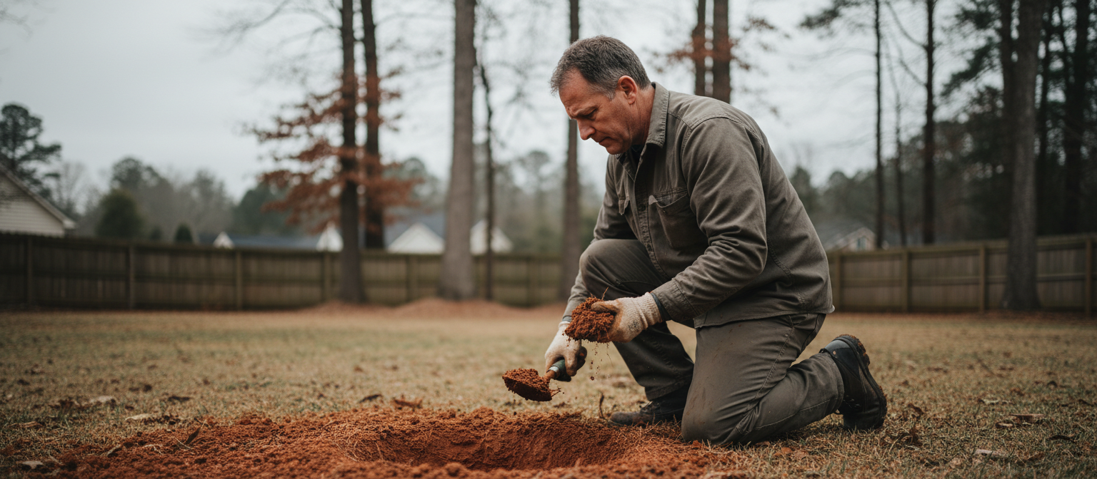 NC drainage contractor probing red clay soil to diagnose subsurface water