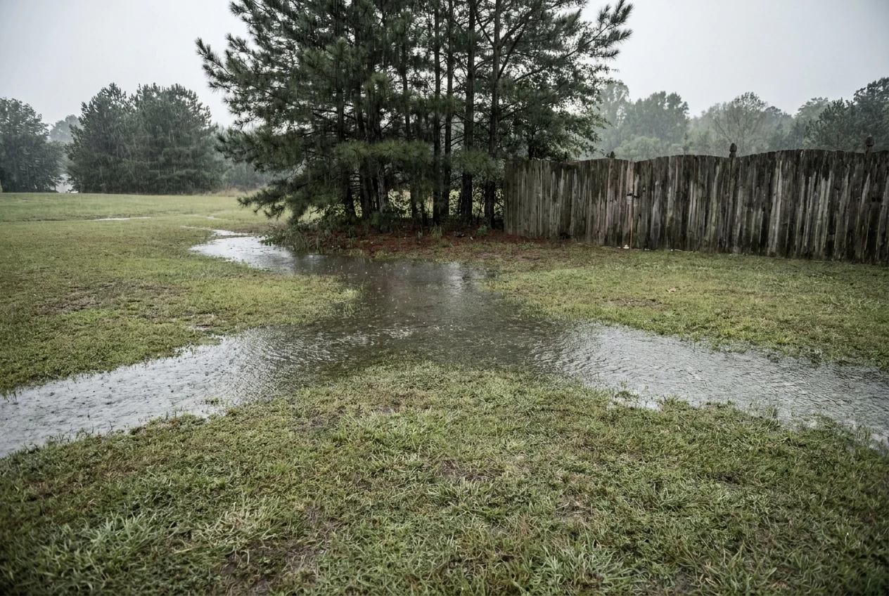 Thin sheets of surface runoff visibly running across a residential lawn toward a low spot during light overcast rain, with pine trees and a wooden fence behind.