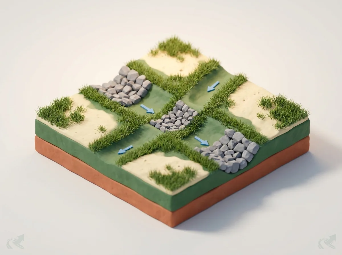 Isometric 3D diorama showing angular rip-rap stone at three velocity-transition points in a grass-lined drainage swale -- at a curve, a steepened section, and the outlet