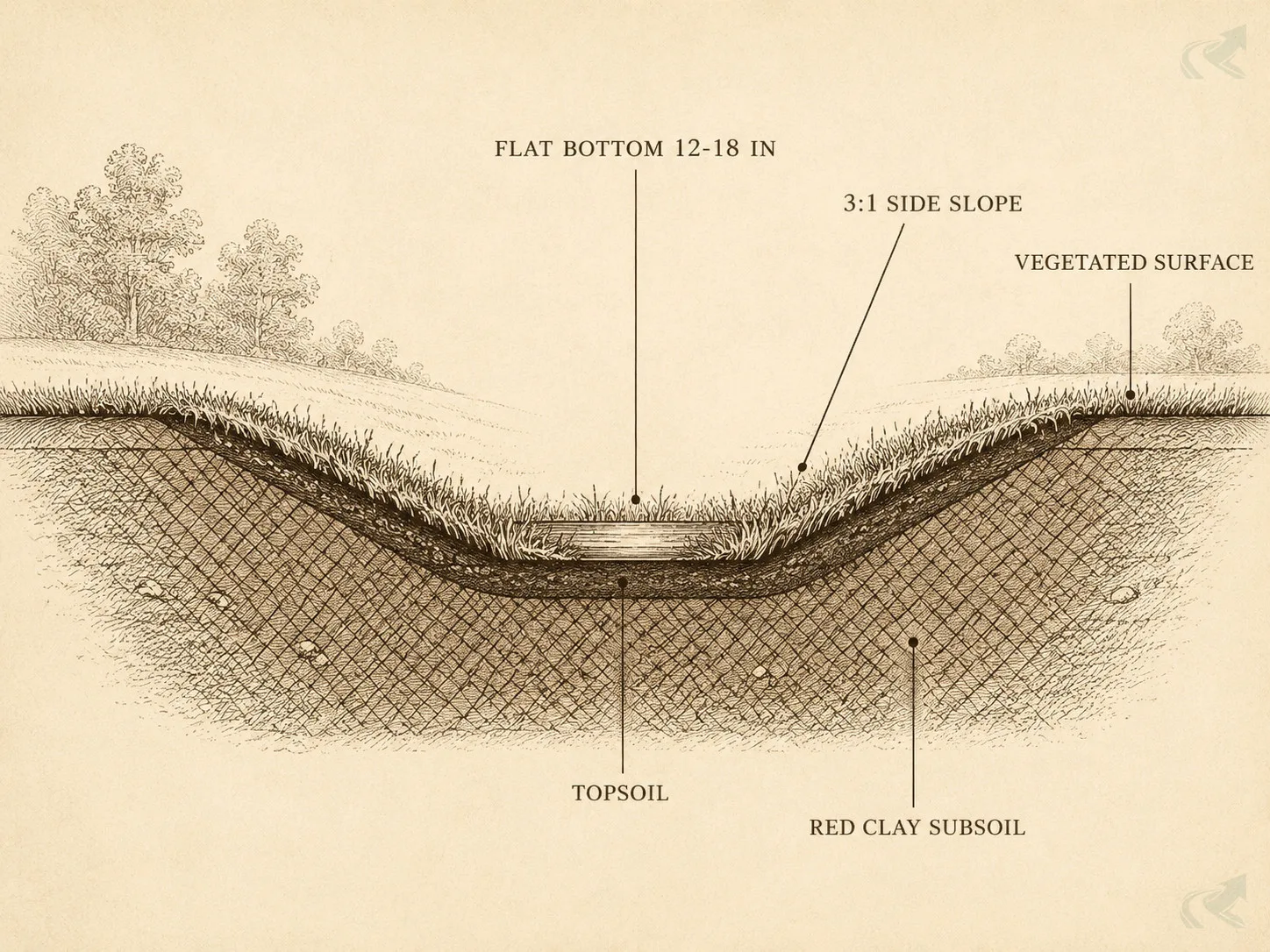 Vintage engraving cross-section of a drainage swale showing flat bottom 12-18 in wide, 3:1 side slopes, vegetated grass surface, and NC red clay subsoil layers below