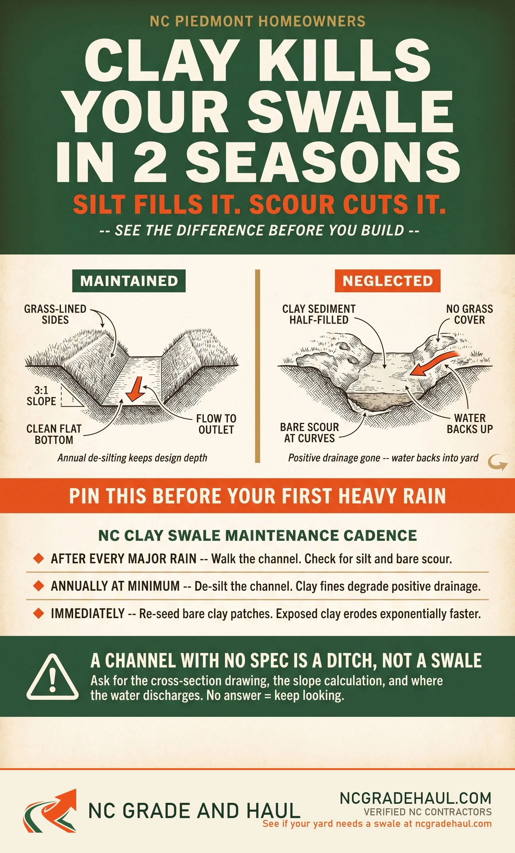 Do drainage swales work in NC clay soil - NC Grade and Haul infographic.
