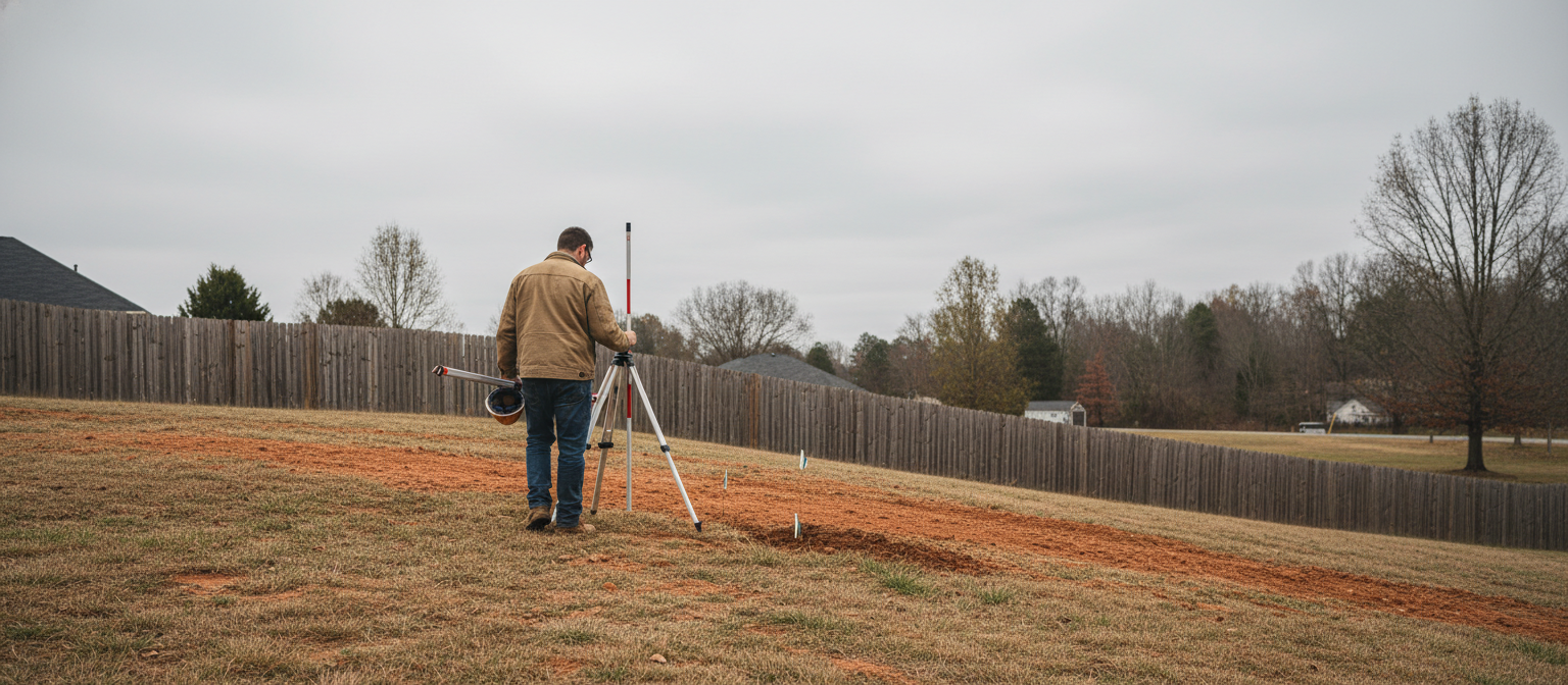 NC drainage swale route being walked by contractor with grade rod in Piedmont yard