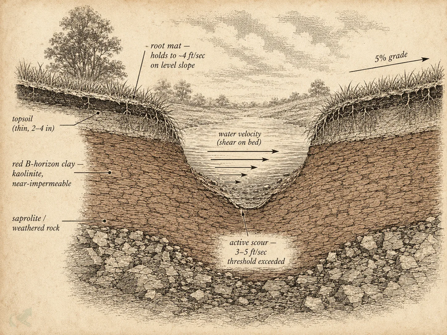 Cross-section diagram of NC Piedmont red clay swale showing soil layers, grass root mat, and scour groove where water velocity exceeds the 3-5 ft/sec threshold