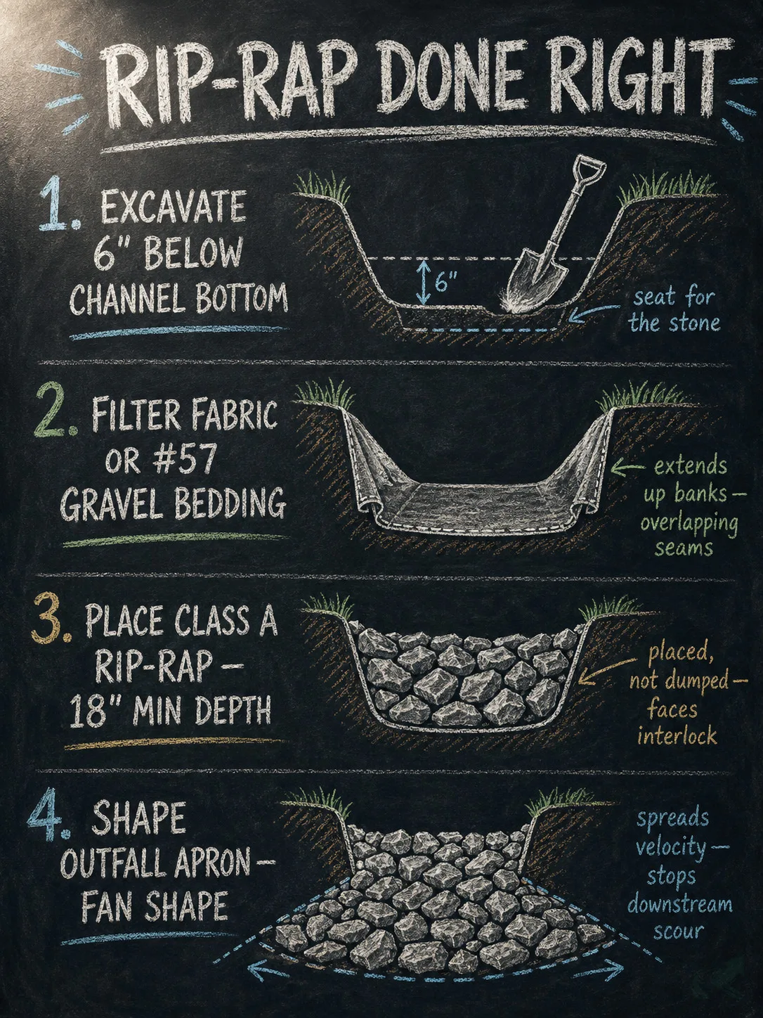 Chalkboard diagram showing the four-step rip-rap installation sequence: excavate 6 inches, install filter fabric, place Class A stone at 18-inch minimum depth, and shape the outfall apron