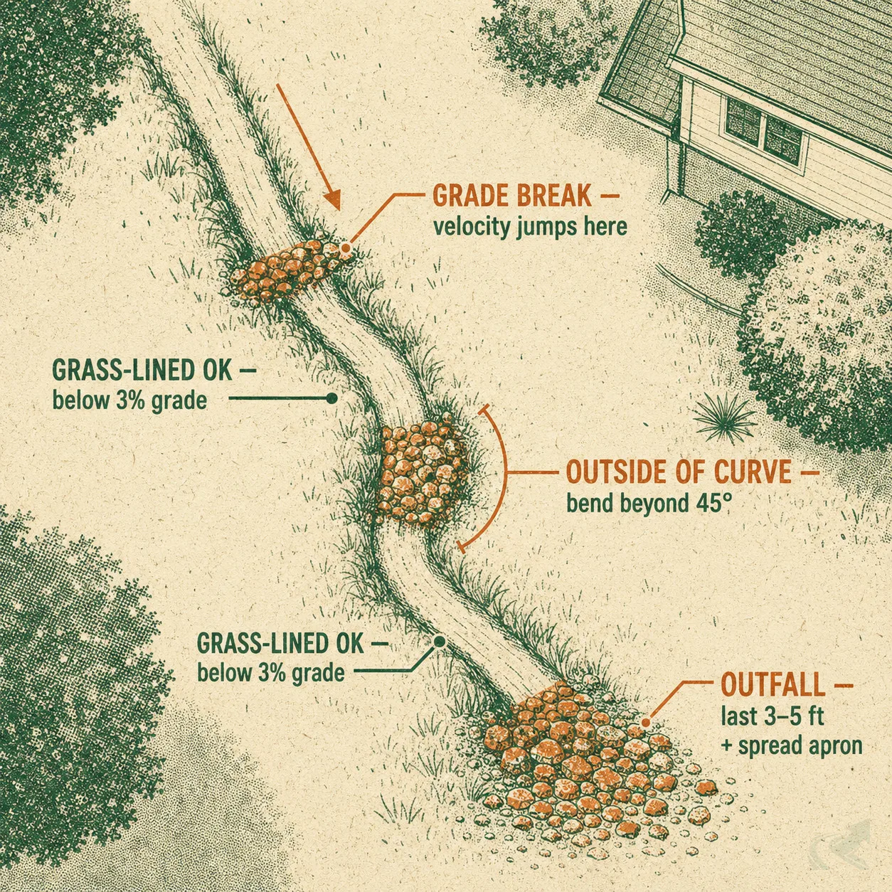 Top-down plan view of a residential swale showing the three zones that need rip-rap: outfall, outside of curves, and grade breaks — straight sections below 3% grade stay grass-lined