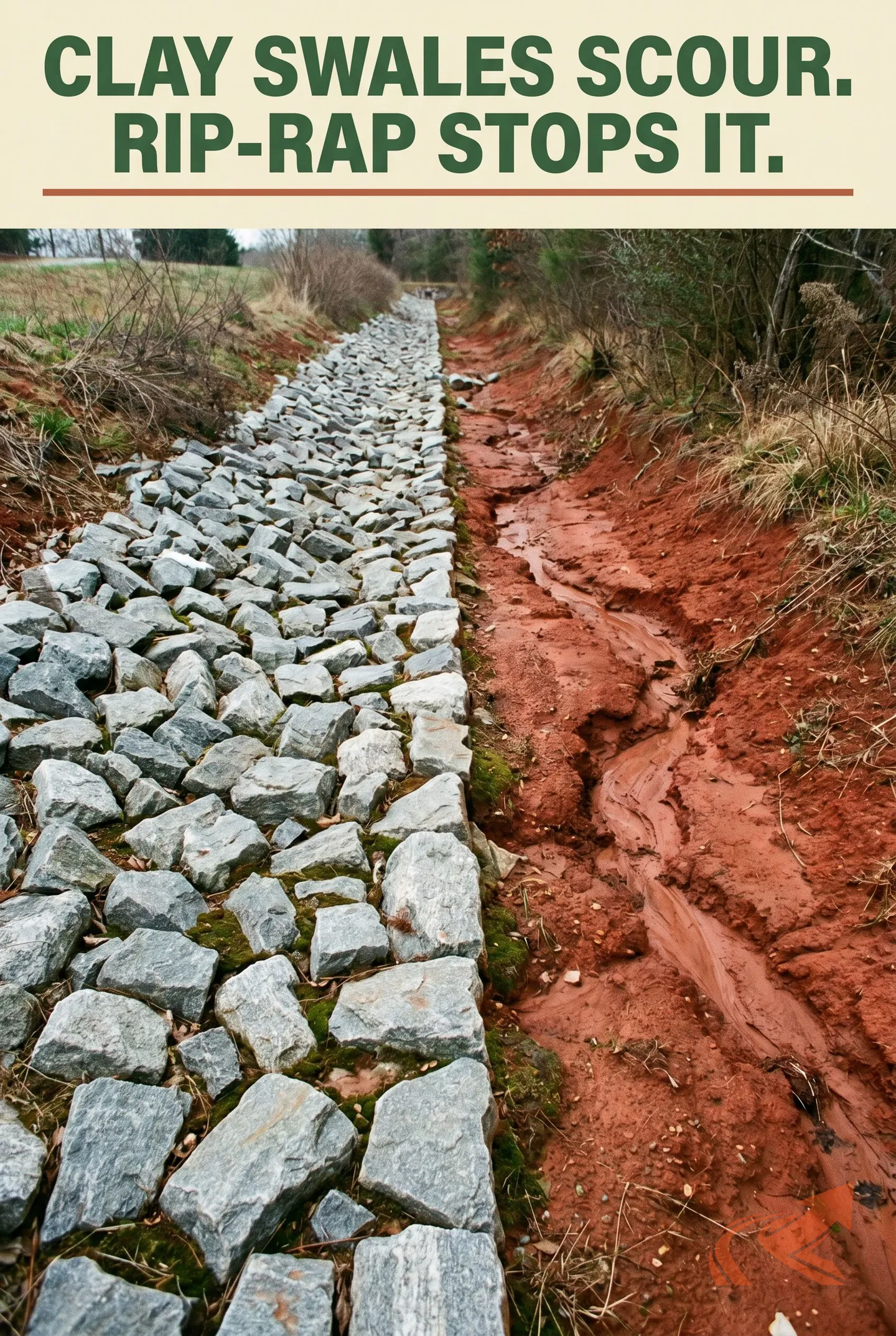 Rip-rap stabilization guide showing why NC Piedmont clay swales scour and what stone size stops the erosion