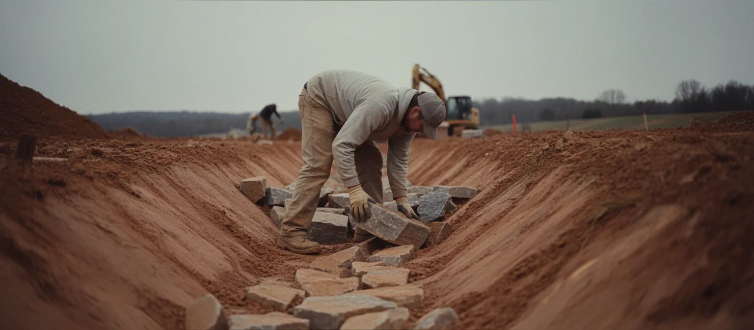 NC swale rip-rap stabilization worker placing stone in eroded clay channel
