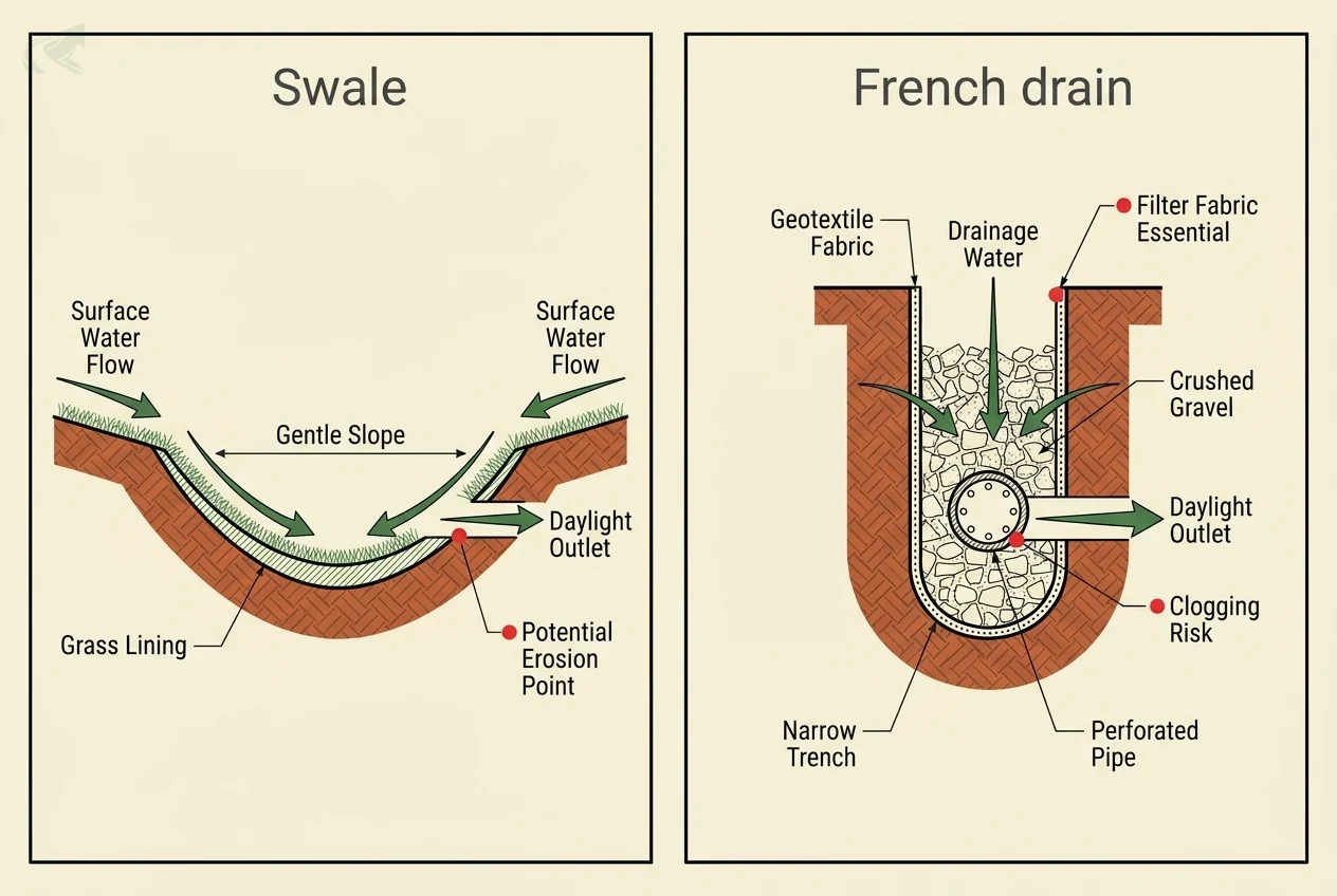 Side-by-side cross-section schematic: a swale shown as a wide grass-lined graded channel carrying surface water to a daylight outlet, and a French drain shown as a narrow trench with a perforated pipe in crushed gravel wrapped in geotextile fabric draining to a daylight outlet.
