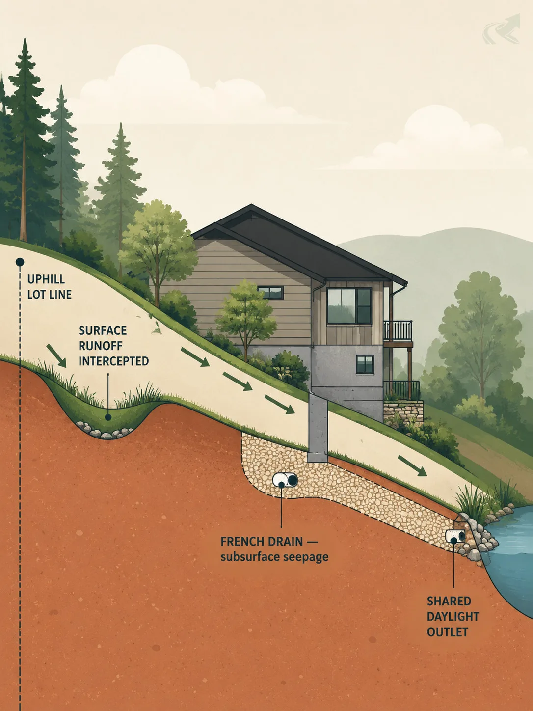 Flat vector diagram of a sloped NC residential lot showing a swale at the uphill lot line intercepting surface runoff and a French drain near the foundation handling subsurface seepage, both draining to a single shared daylight outlet