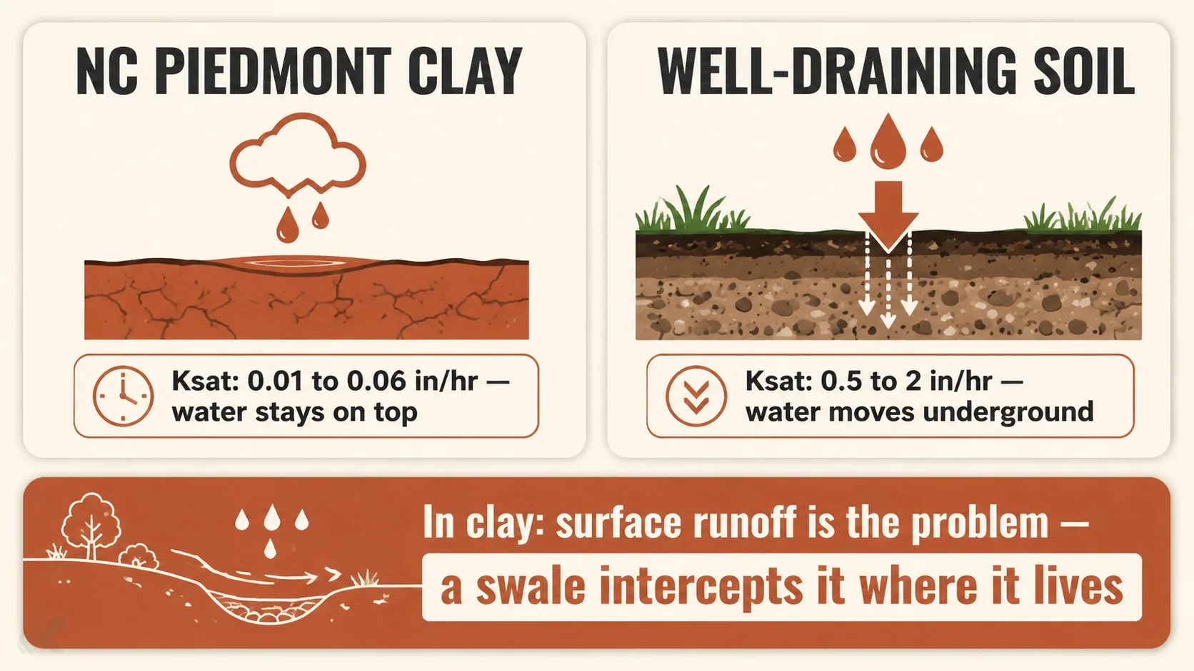 Bento-grid comparison showing NC Piedmont clay Ksat of 0.01 to 0.06 inches per hour versus well-draining soil at 0.5 to 2 inches per hour, explaining why surface runoff stays on top in clay and a swale is often more effective than a French drain