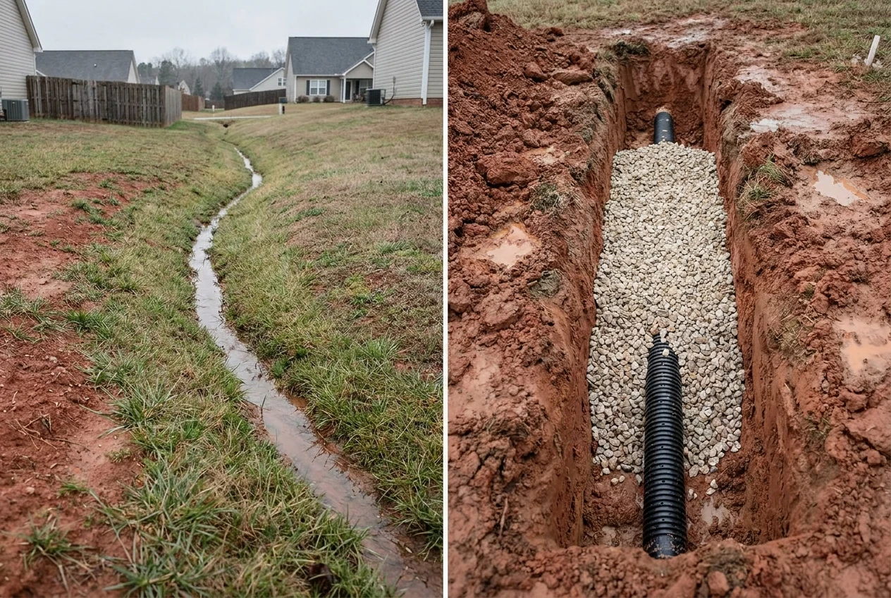 Split documentary scene: a grass-lined swale carrying stormwater along a residential lot line on the left, and an open trench with a perforated French drain pipe in crushed washed stone before backfill on the right, both in NC red clay context.