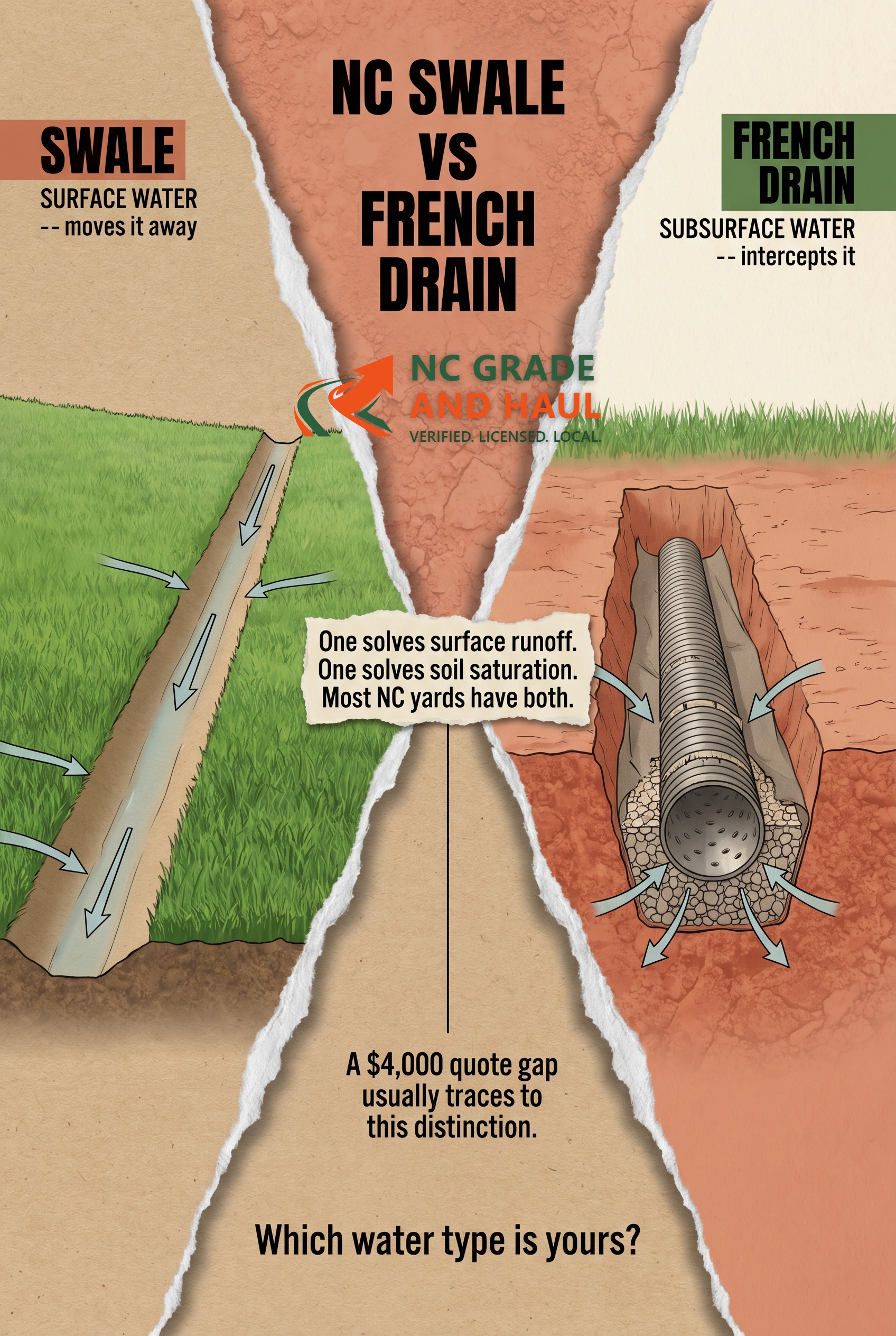 NC swale erosion channel contractor evaluating surface water drainage options