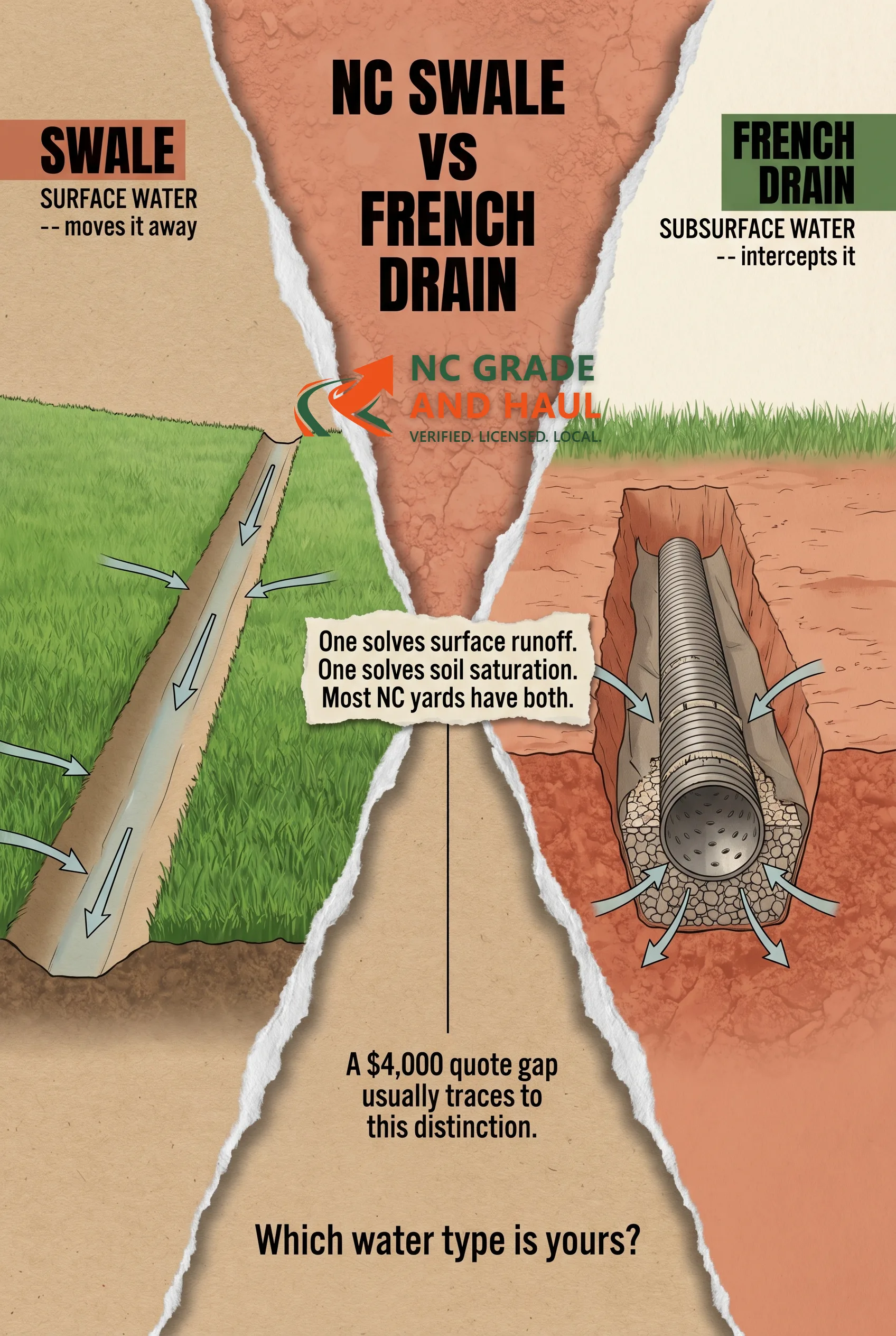 Swale moves surface water, French drain moves subsurface. Most NC yards actually need both — but you have to diagnose which problem you have before either solution works.