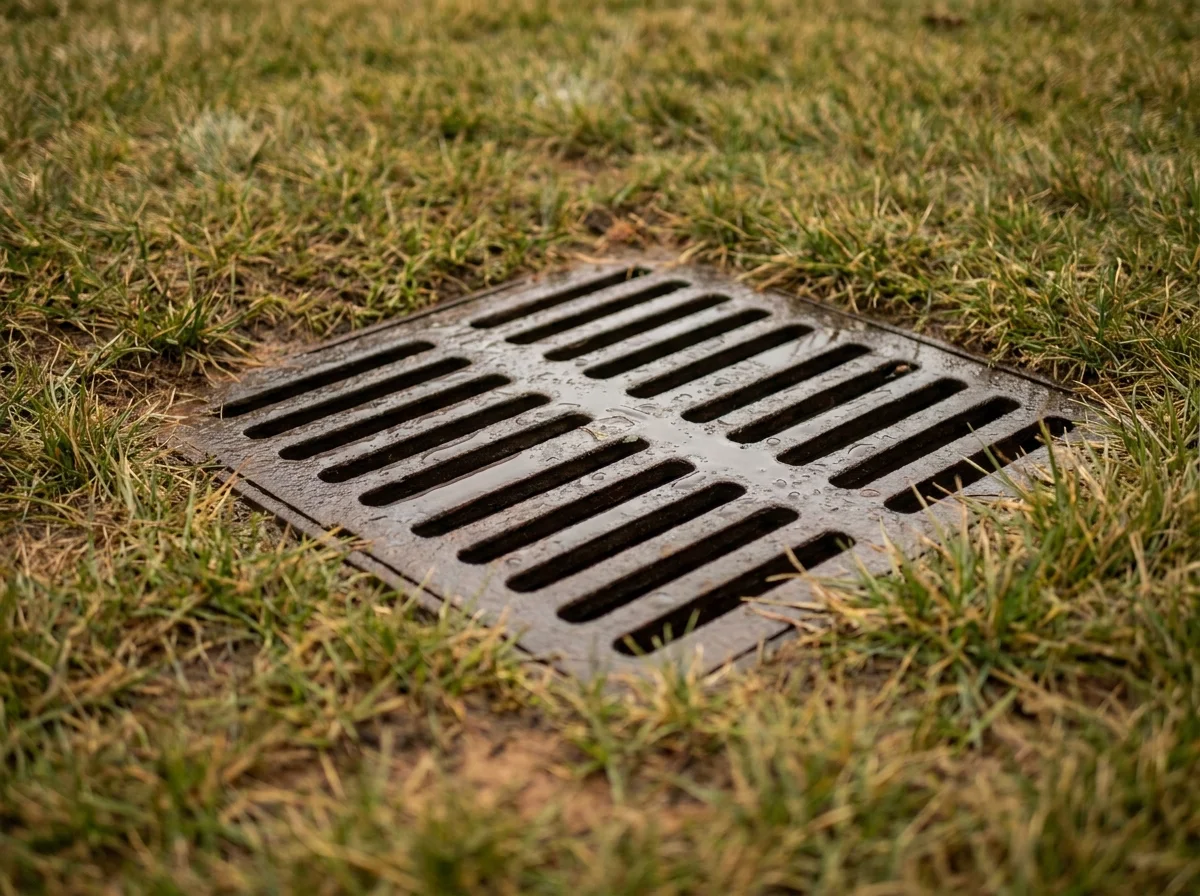 A flush-set cast-iron catch basin grate set level with the surrounding lawn in a NC residential backyard. Late-season fescue grass surrounds the inlet. Grate surface shows moisture from recent rainfall.