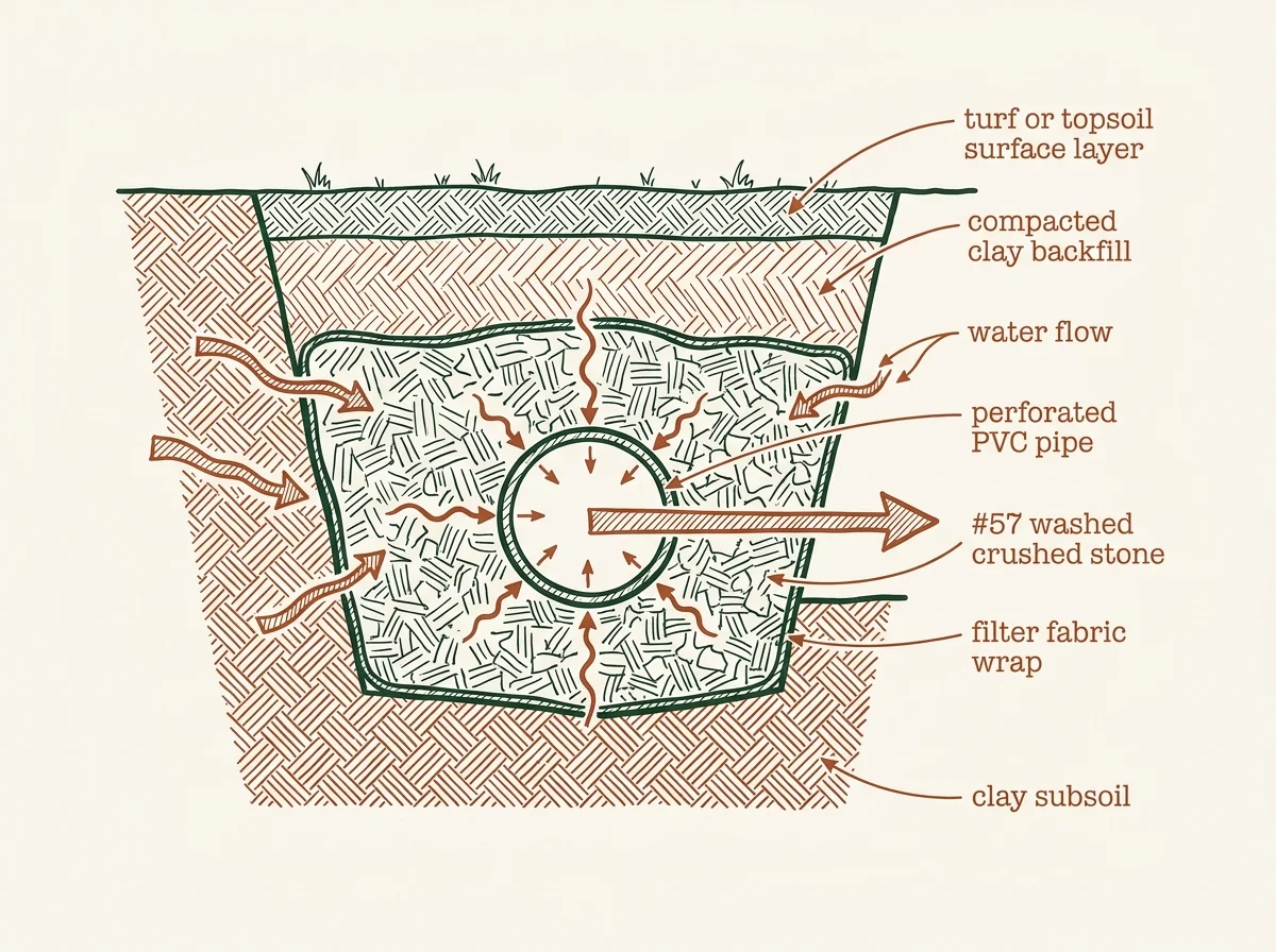 Cross-section schematic of a residential French drain: perforated PVC pipe centered in #57 washed stone, wrapped in filter fabric, with water-flow arrows showing subsurface flow into the pipe. Labeled layers from top: turf, clay backfill, filter fabric, #57 stone, perforated pipe, clay subsoil.