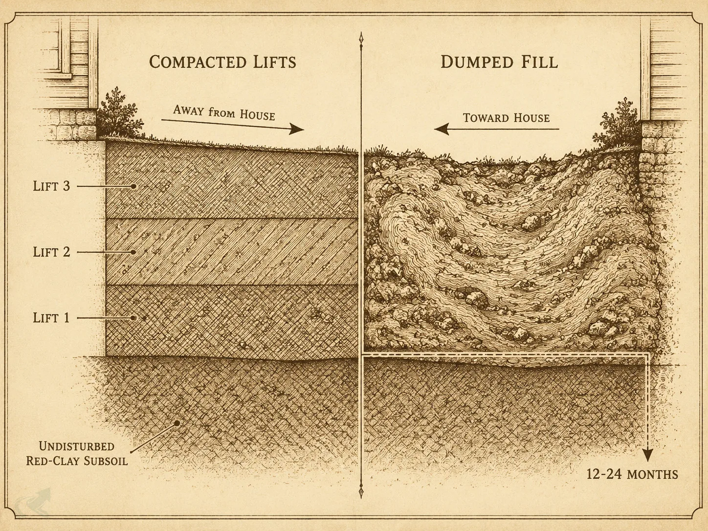 Vintage engraving cross-section of a yard in two halves: left shows three compacted fill lifts with slope draining away from the house; right shows uncompacted dumped clay with reversed slope toward the house, annotated 12-24 months