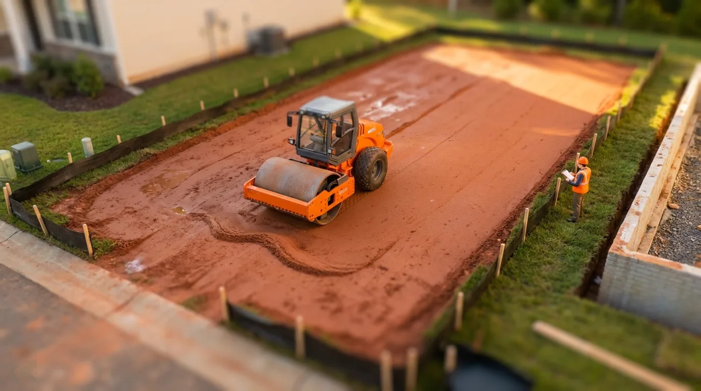 Tilt-shift miniature aerial view of a vibratory roller performing a proof-roll across bare red-clay grade, with a contractor in an orange vest observing from the edge and silt fence stakes around the perimeter