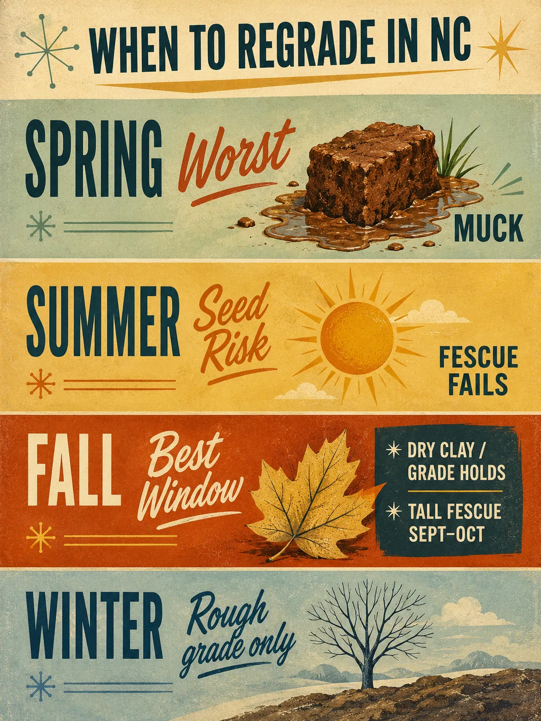 1950s-style mid-century illustration showing four NC yard regrading seasonal windows stacked vertically: Spring (worst -- saturated clay muck), Summer (fescue seed risk), Fall (best window -- dry clay, tall fescue Sept-Oct), Winter (rough grade only)
