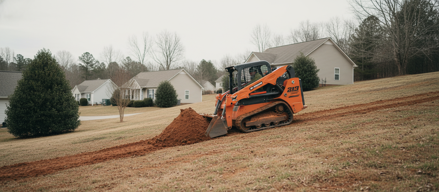 NC yard regrading skid steer reshaping red clay slope near residential home
