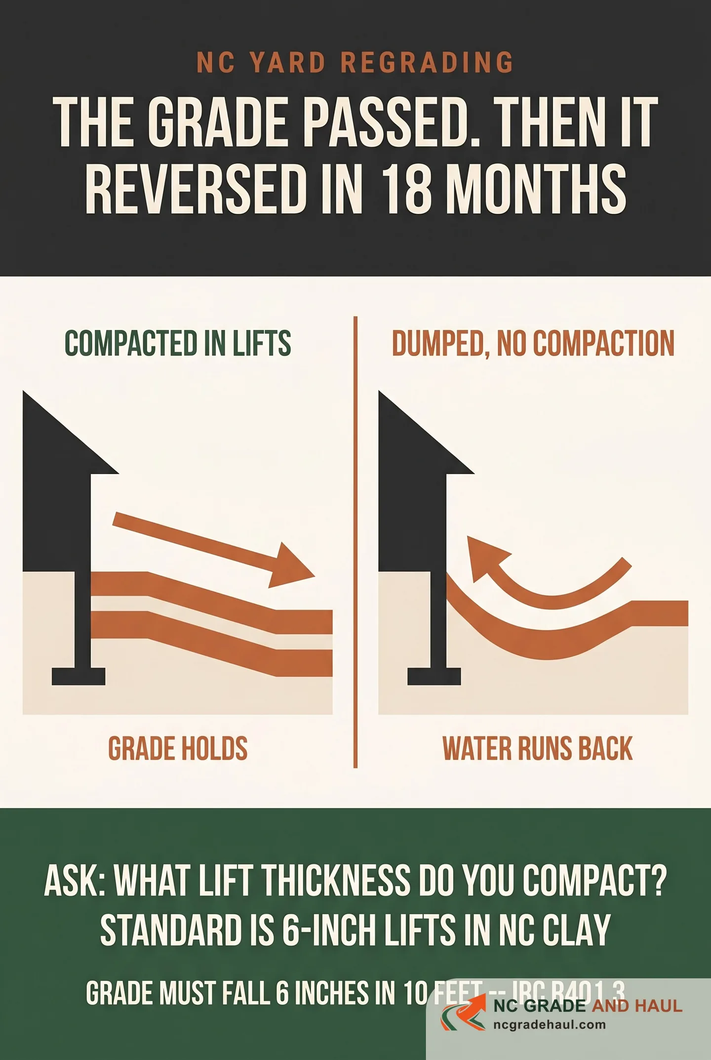 NC yard regrading: clay fill compacted in lifts holds its grade, while dumped uncompacted fill settles and the grade reverses water back toward the house within 18 months -- ask what lift thickness the contractor compacts; 6-inch lifts is standard, and grade must fall 6 inches in 10 feet per IRC R401.3.