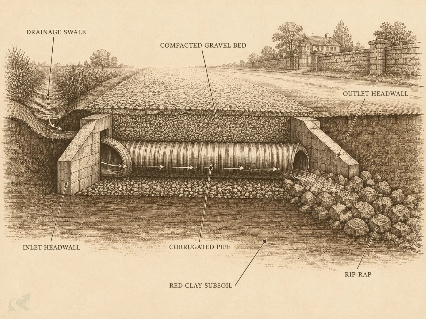 Vintage engraving cross-section of a driveway culvert showing corrugated pipe in compacted gravel bed, inlet and outlet headwalls, rip-rap outlet protection, and red clay subsoil layers -- all labeled with leader lines