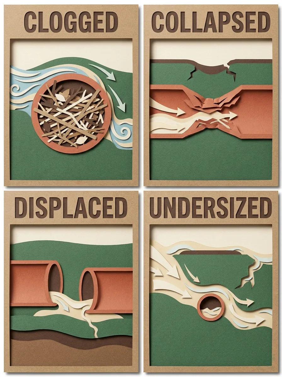 Layered papercraft illustration showing four culvert failure modes: clogged (debris packed at inlet), collapsed (pipe crushed flat), displaced (pipe shifted off centerline with water bypassing), and undersized (small pipe overwhelmed by water flowing around it)