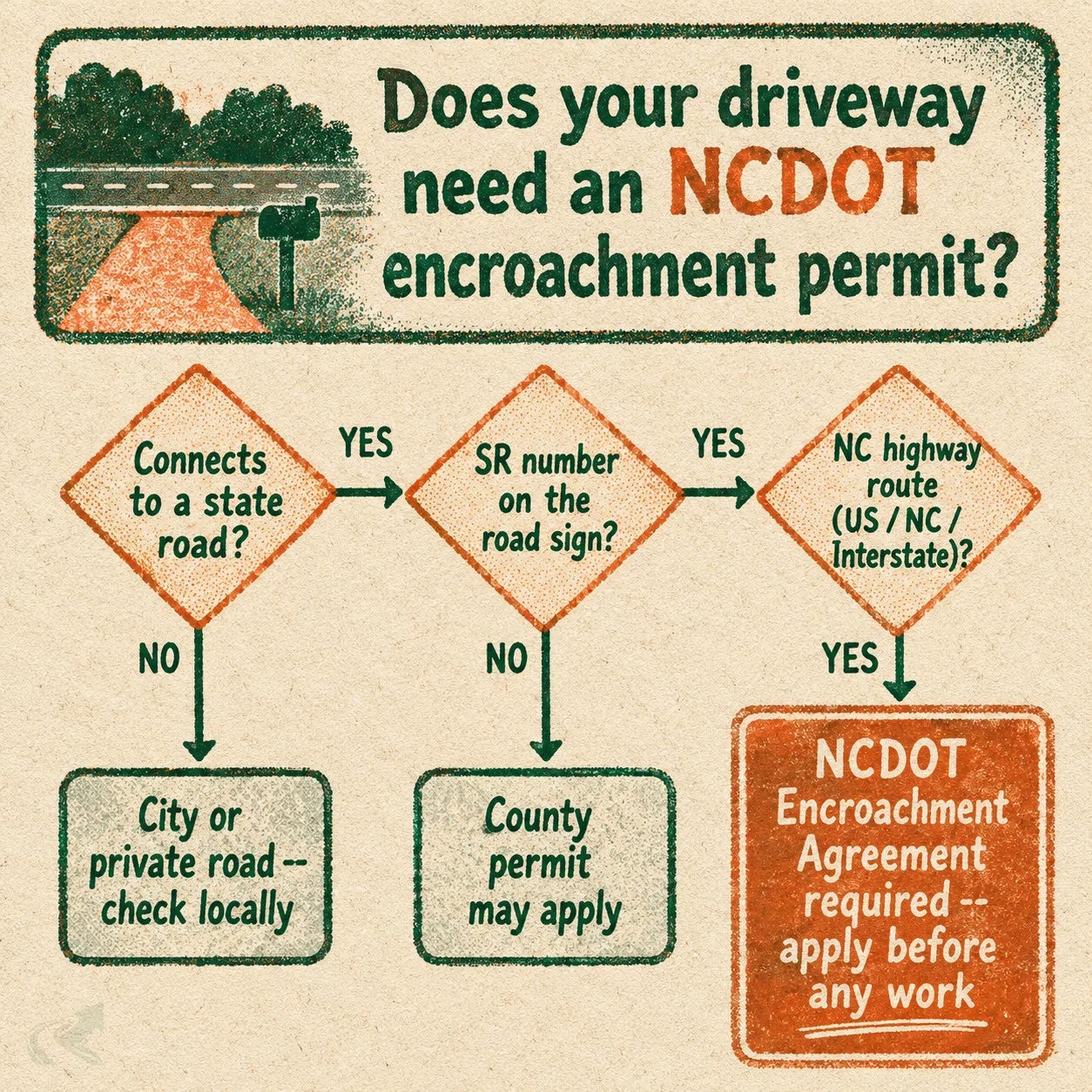 Risograph-style flowchart showing the three-step decision for whether a North Carolina driveway culvert project requires an NCDOT Encroachment Agreement -- state road vs county vs city vs private road branches