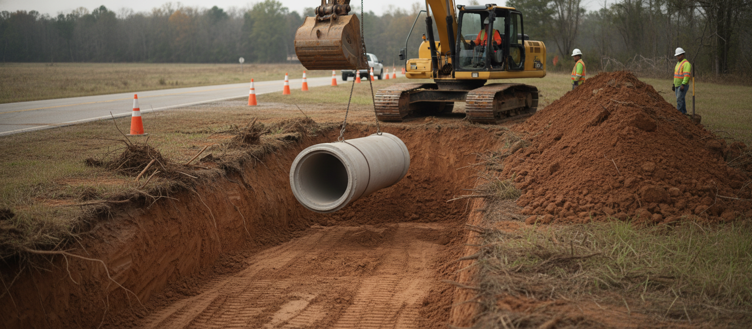 NC driveway culvert install — concrete pipe lowered into road-crossing trench