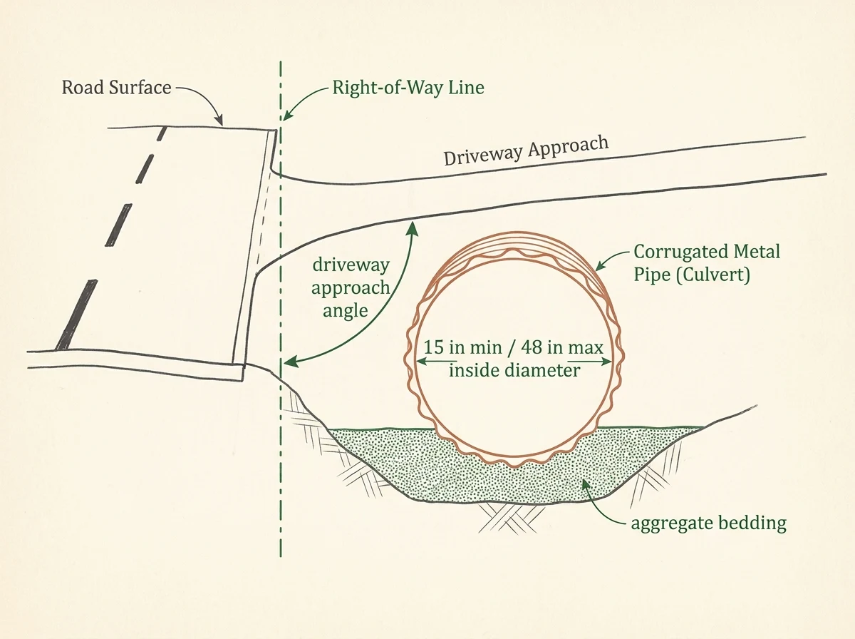 Cross-section schematic showing a corrugated metal culvert bedded in aggregate beneath a driveway approach at the NCDOT right-of-way line, with labels for the 15-48 inch diameter range and approach angle.