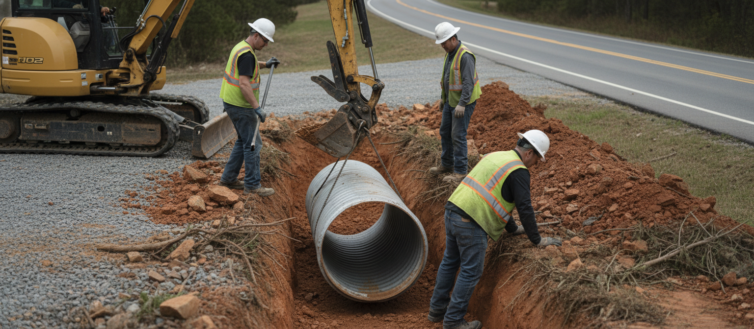 NC driveway culvert NCDOT permit -- crew placing corrugated pipe at road crossing