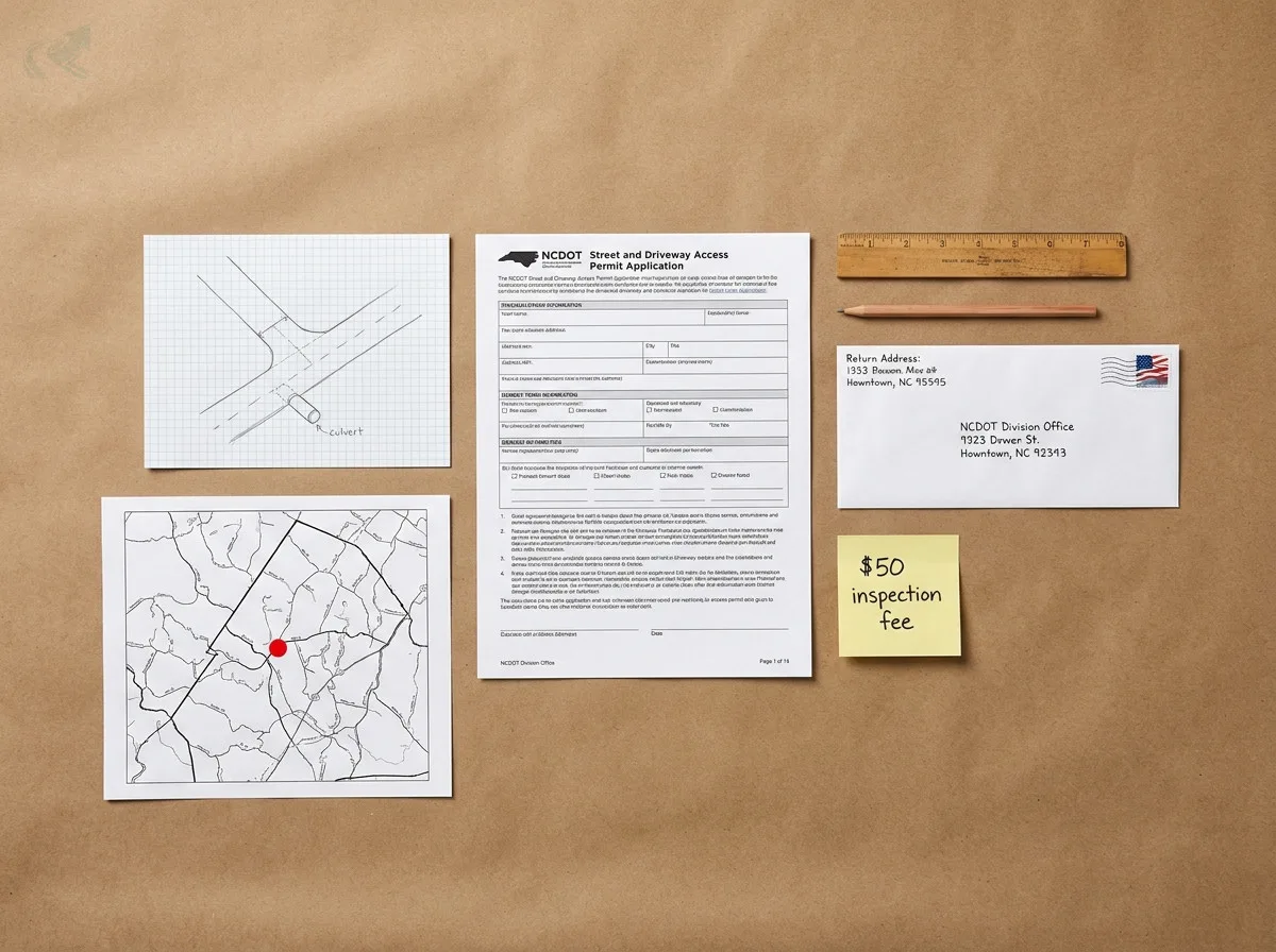 Flat-lay of NCDOT driveway permit application materials on kraft paper: the completed application form, a hand-drawn site sketch showing approach angle and culvert location, a ruler, pencil, stamped envelope addressed to the NCDOT Division office, a sticky note reading '$50 inspection fee', and a county division map with a red-dot marker