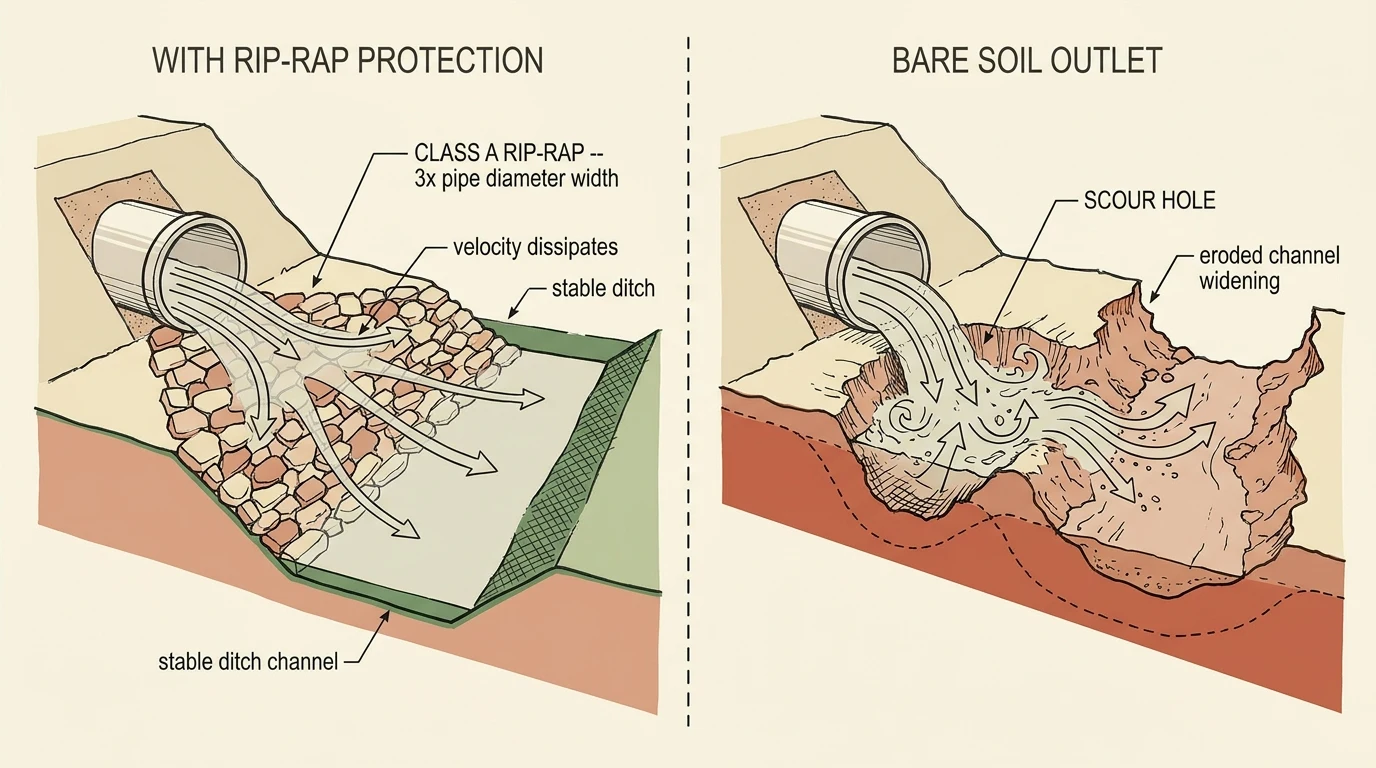 Side-by-side comparison: culvert outlet with Class A rip-rap protection showing velocity dissipating into stable ditch channel, versus bare-soil outlet showing scour hole forming at the pipe end.